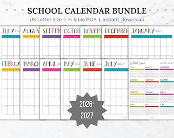 2026-2027 School Year Calendar Bundle (Fillable PDF)