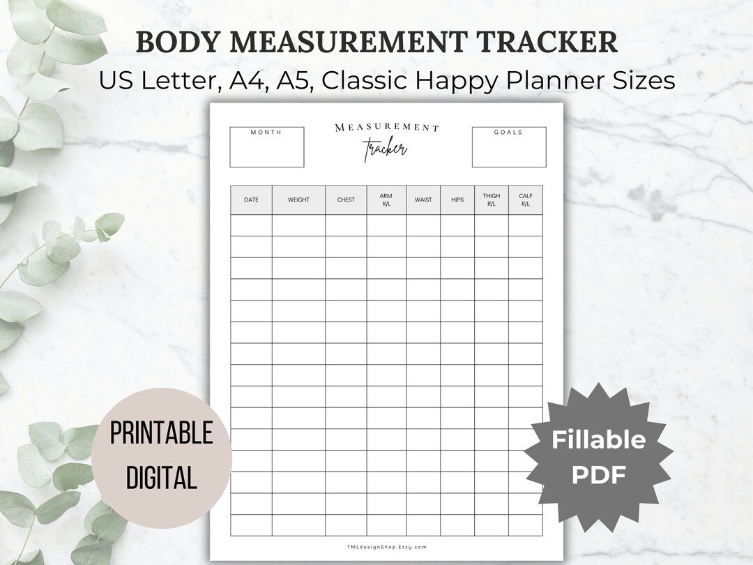 Body Measurement Tracker Chart Printable Fitness Planner Editable ...