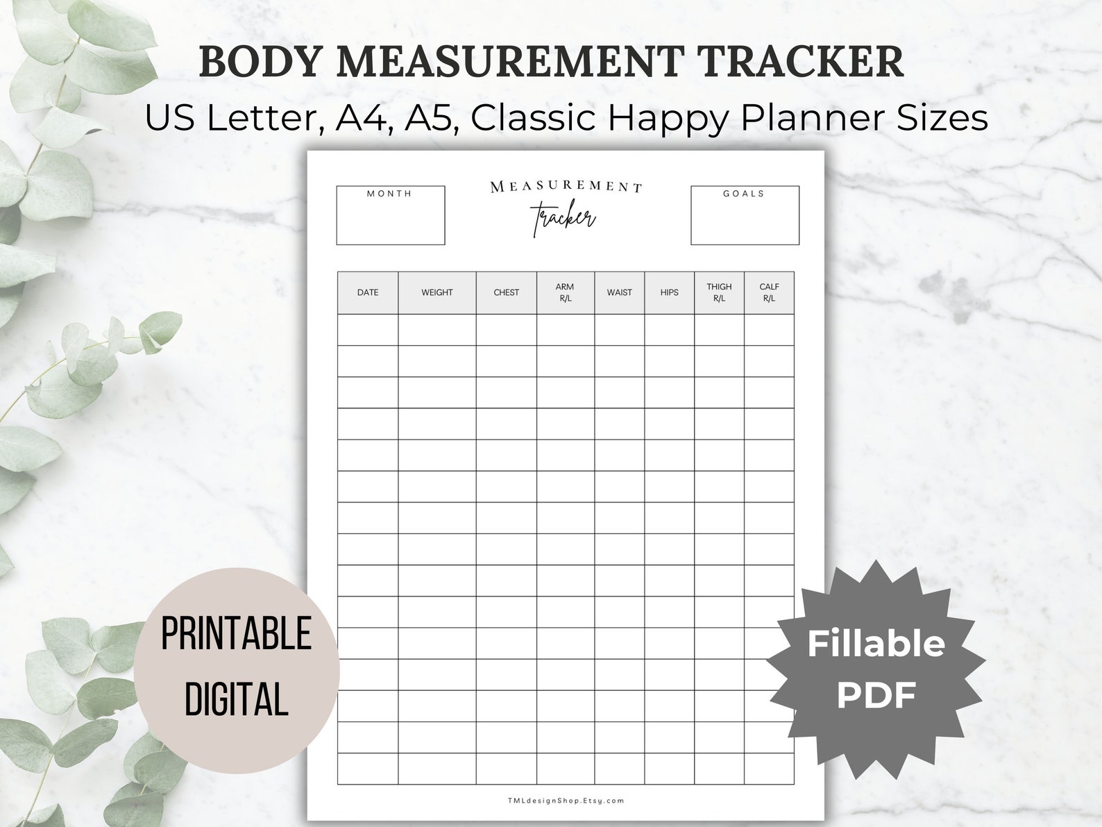 Body Measurement Tracker Chart Printable Fitness Planner Editable ...