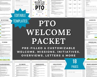 May include: A collection of 18 editable PTO welcome packet templates featuring pre-filled and customizable documents including mission statements, initiatives, overviews, and letters, all displayed on white pages with black text.