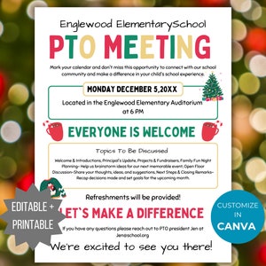 Christmas PTA Meeting Flyer Printable PTO Winter Meeting Flyer editable template pta December Meeting flyer Holiday pta meeting pto sign