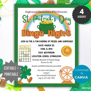 St Patrick Bingo Night flyer PTO template school fundraiser flyer event invitation library Game night PTA flyer spring community event flyer