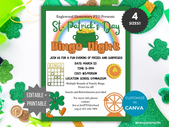 St Patrick Bingo Night flyer PTO template school fundraiser flyer event invitation library Game night PTA flyer spring community event flyer
