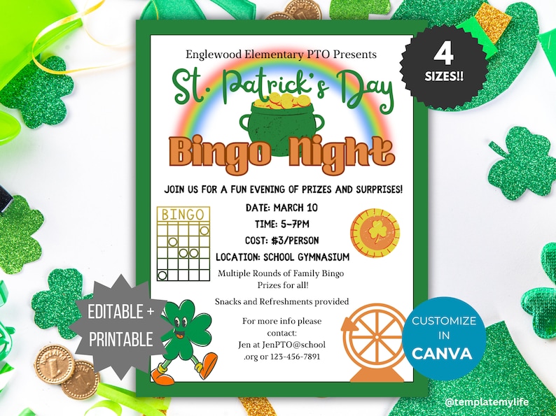 St Patrick Bingo Night flyer PTO template school fundraiser flyer event invitation library Game night PTA flyer spring community event flyer