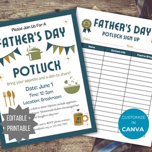 Puede incluir: Hoja de inscripción para un potluck del Día del Padre, editable e imprimible, con un esquema de color azul y verde. La hoja incluye un título, fecha, hora, nombre, información de contacto y comida para traer. El texto "#1 Papá" aparece en la hoja.