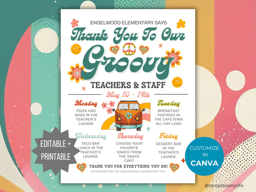 Teacher and Staff Appreciation Week Schedule PTO Flyer PTA Template ...