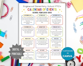 PTA Calendar of Events Flyer PTO Calendar of Events Template Pta school calendar printable pta monthly calendar pto sign pta planner binder