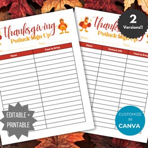 Op de afbeelding: Twee printbare Thanksgiving-potluck-aanmeldformulieren met een kalkoenafbeelding. De aanmeldformulieren hebben velden voor datum, naam, contactgegevens, tijd en eten om mee te nemen. De tekst "Editable + Printable" en "Customize in Canva" staat op de formulieren.