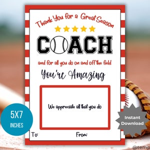 End of Season Coach gift card holder printable baseball coach gift template coach thank you card for End of Year gift for Coach present