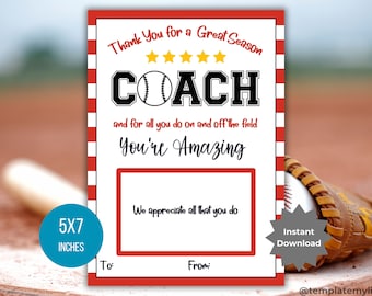 End of Season Coach gift card holder printable baseball coach gift template coach thank you card for End of Year gift for Coach present