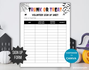 Trunk or Treat Flyer template PTO Volunteer Sign Up Sheet Halloween Party PTA flyer invite trick or treat signup form fall event printable