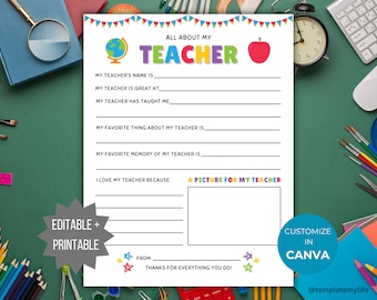 Teacher Appreciation Week Template All About my teacher printable Teacher Thank you gift customizable Teacher appreciation gift End of Year