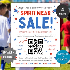 Op de afbeelding: Een kleurrijke flyer voor een school spirit wear sale. De flyer bevat een QR-code, de tekst "Englewood Elementary School's Spirit Wear Sale!" en de tekst "Orders Due By December 5th".