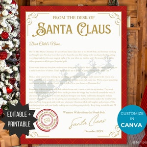 Carta de Papá Noel, plantilla editable, tradición navideña, carta de Papá Noel para niños, correo imprimible del polo norte, idea de regalo para rellenar la caja de Nochebuena