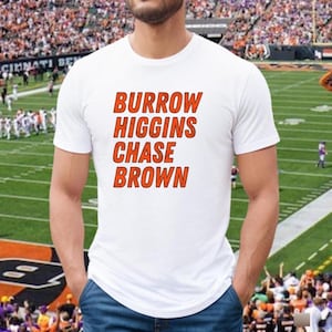 Cincinnati Bengals Unisex Jersey Short Sleeve Tee, Ja&#39;Marr Chase Shirt, Joe Burrow Jersey, Tee Higgins T-Shirt, Chase Brown Tee, Cinci Stats