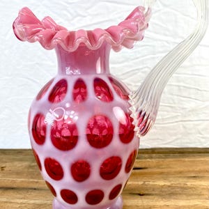 Vintage 50th Anniversary Fenton Cranberry Opalescent Coin Dot Pitcher Signed by George Fenton