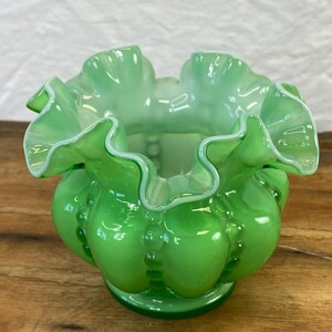 1 Fenton Green Cased Glass Beaded Melon Bowl Vase 5-1/2” Nice, Glows!