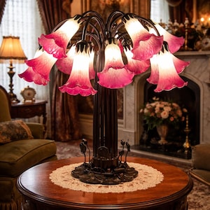 VTG Dale Tiffany 15 Arm Trumpet Lily Lamp Cranberry White Glass