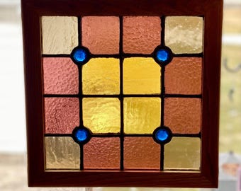 Antique Leaded Stained Glass WINDOW In Oak Frame Spanish Revival Mission 1920’s