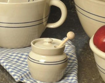 Martinez Pottery Heritage Blue Stripe Stoneware Honey Pot with Wooden Dipper