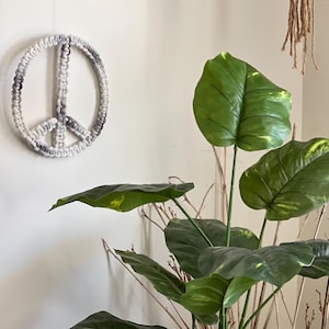 Handmade Purple and White Macrame Peace Sign Wreath | Boho Wall & Door Decor | Natural Fiber Home Decor | Bohemian Wall Hanging