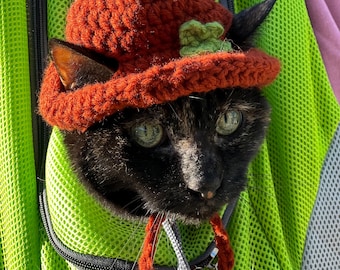 Cat hat- brown bucket hat with green flower