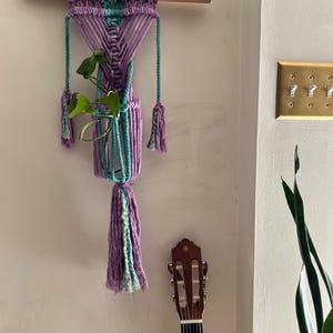 Handmade Purple and Teal Macrame Wall Hanging Plant Holder – Boho Wall Decor | Eco-Friendly Indoor Plant Hanger | Colorful Macrame Planter