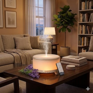 May include: A cream-colored essential oil diffuser with a ribbed design, emitting a visible vapor. The device sits on a dark wood coffee table, alongside a remote, lavender, and books. The room features a sofa, lamp, and a bookshelf.