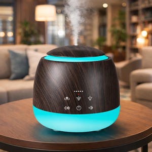 May include: A dark brown essential oil diffuser with a wood grain finish and a turquoise base. The diffuser is emitting a stream of vapour. It has several touch-sensitive control icons and indicator lights.