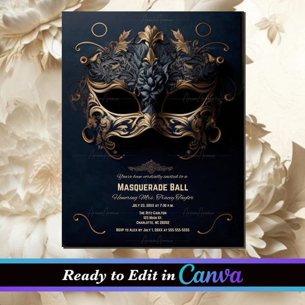 Blau Gold Extravaganter Maskenball, Maskerade Party bearbeitbar, Party Einladung Sofort Download, Canva Vorlage, maskiert, DIY, Einladung