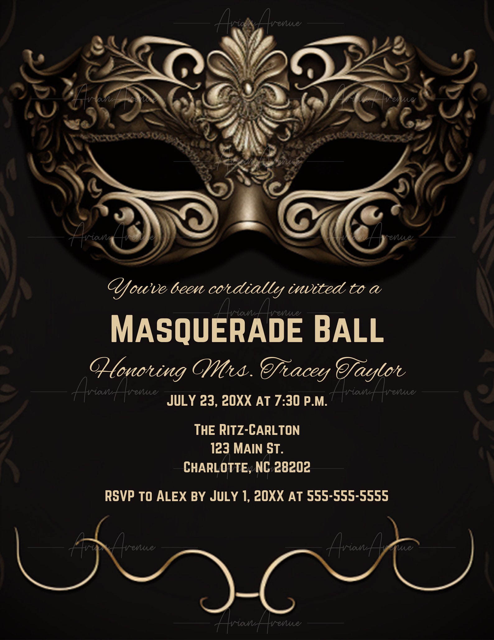 Black Gold Masquerade Ball Invitation Template, Masquerade Party Black Gold Masquerade Ball Invitation Template, Masquerade Party