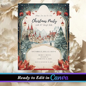 White Castle Christmas Party, Edytowalne przyjęcie świąteczne, Zaproszenie na przyjęcie do pobrania natychmiast, Szablon Canva, Boże Narodzenie, DIY, Zaproszenie