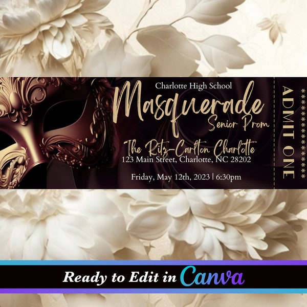 Maroon Elegant Masquerade Prom Ticket Template, Masquerade Party Editable, Party Invitation Instant Download, Canva Template, Masked, DIY