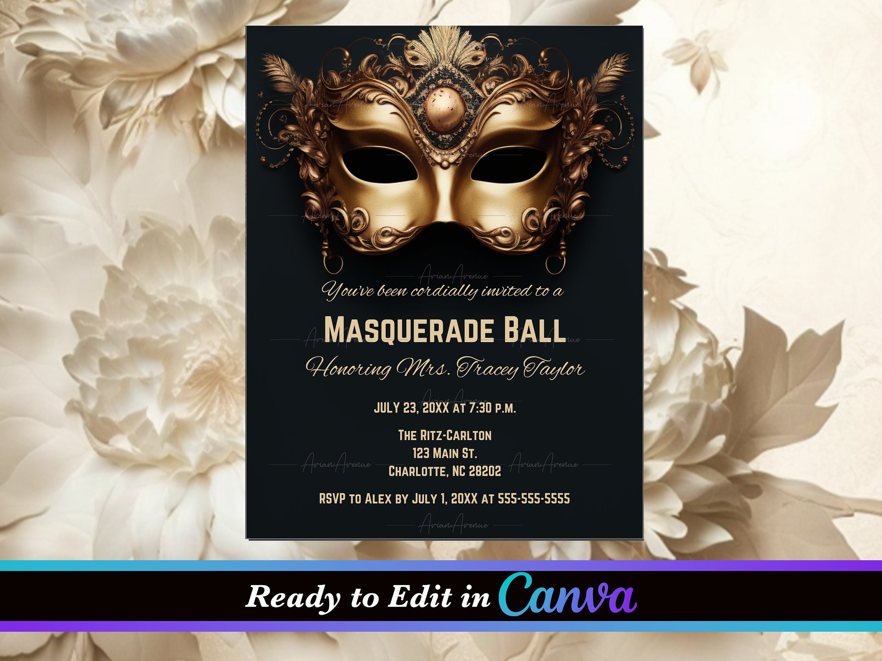 Elegant Masquerade Ball Invitation Template, Masquerade Party Editable Elegant Masquerade Ball Invitation Template, Masquerade Party Editable