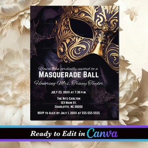 Purple Gold Masquerade Ball Invitation Template, Masquerade Party Editable, Party Invitation Instant Download, Canva Template, Masked, DIY