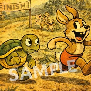 May include: Vintage-style illustration of a race between a turtle and a rabbit. The rabbit, in orange shorts, runs towards the finish line, while the turtle follows. The word "FINISH" is on a banner. Cheering bears are in the background.