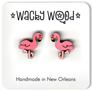 Flamingo Earrings, Nature Earrings, Fun Gift, Stud Earrings, Wooden Earrings