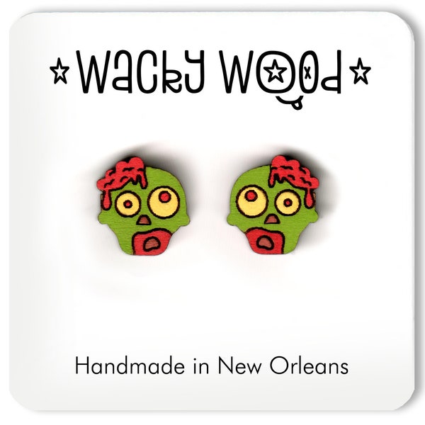 Zombie Earrings, Halloween Stud Earring, Wooden Earrings