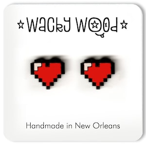 Pixel Heart Earrings, Gaming Earrings, Fun Gift, Stud Earrings, Novelty Earrings, Wooden Earring