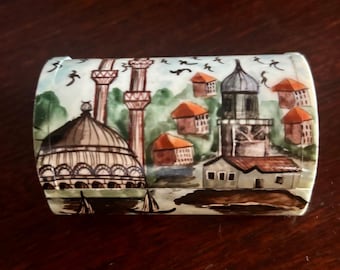 Eastern Hand Painted Bone Trinket Box with Hinged Lid - Hand Painted Pictorial Scenes