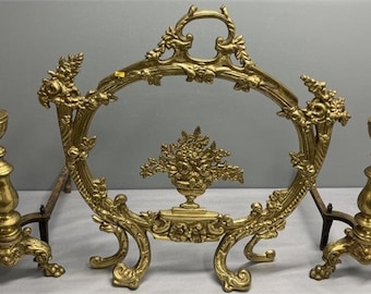 Gorgeous Vintage Brass Fireplace Screen and Andirons