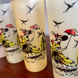 Vintage Frosted Glasses Iced Tea glasses w/ southern Belle Print - Tom Collins Glasses - Tall Tumblers
