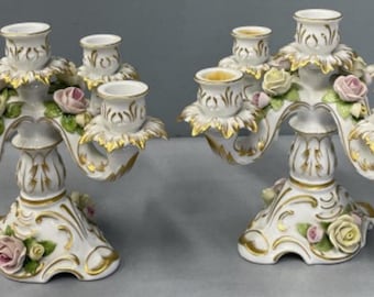Antique Kaiser German Floral Porcelain Candelabras - Beautiful Candlesticks - Candleholders