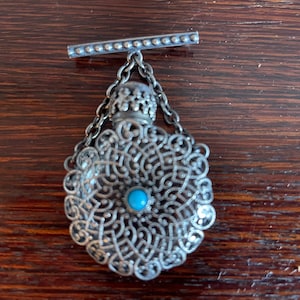 Silver Plated Filigree and Green Glass Miniature Perfume Bottle Brooch