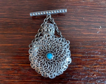Silver Plated Filigree and Green Glass Miniature Perfume Bottle Brooch