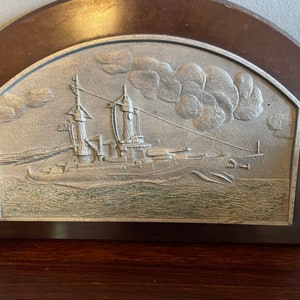 Vintage Metal and Wood Ship Plaque - Midcentury