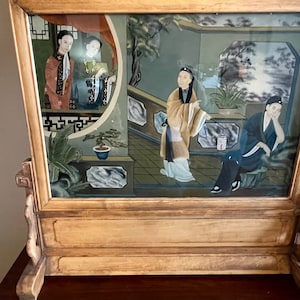 Antique Asian Reverse Painting on Glass | Hand-Painted Chinese Courtyard Scene | Unique Wooden Frame | Vintage Oriental Art
