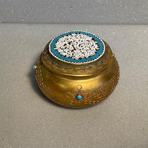 Lovely Brass Italian Antique Micro Mosaic Patch Round Trinket/Pill Box - Venezia (Venice) Printed in Brass Across the Side with Mirror