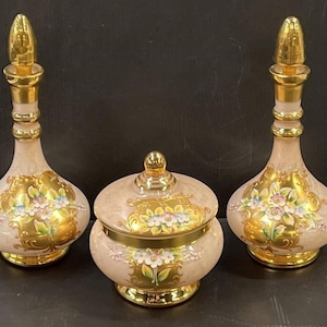 Vintage Hand Painted Pink Glass Vanity Set – Perfume Bottles and Powder Jar - 22K Gold & Floral Accents – Hollywood Regency Dresser Decor