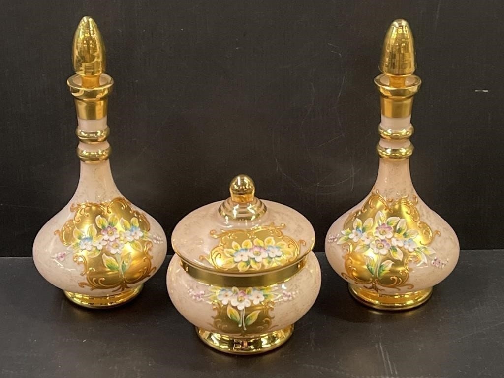 Beautiful Pink and Floral Vintage Hand Painted Encased Floral Glass Vanity Bottles & Powder Jar With with Lid and Stoppers, 22K Gold Accents